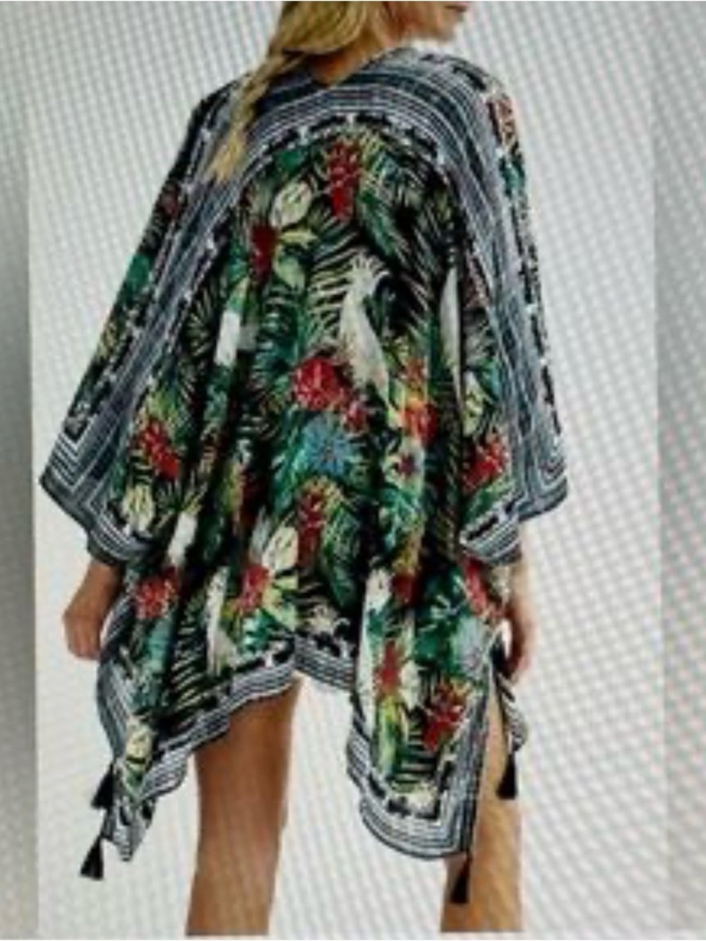 Tropical Floral Kimono Shall Cover-Up in Black & Green Tropical Parrot O/S New